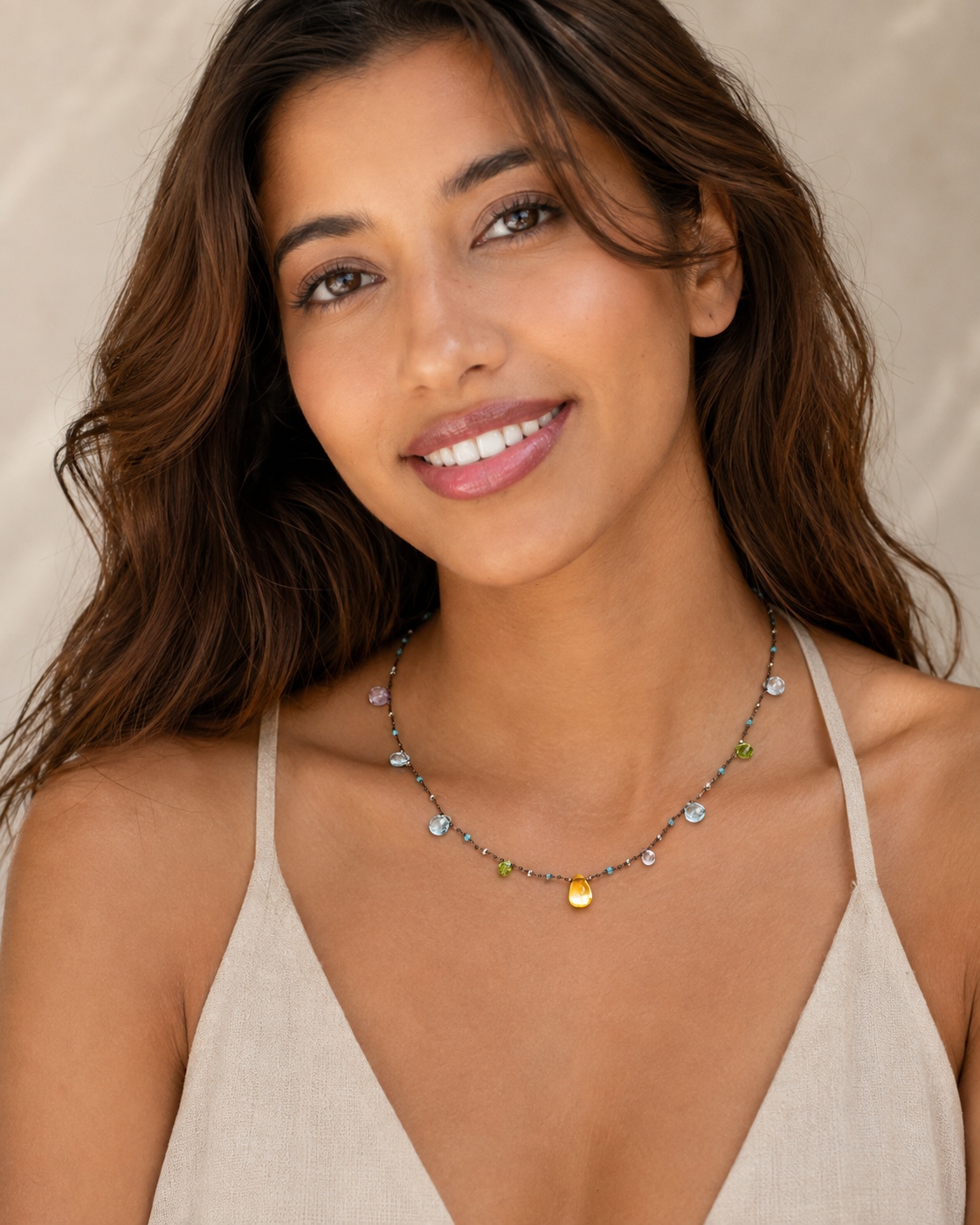 Multicolor Quartz, Topaz, Ametrine & Peridot Necklace, styled view 1
