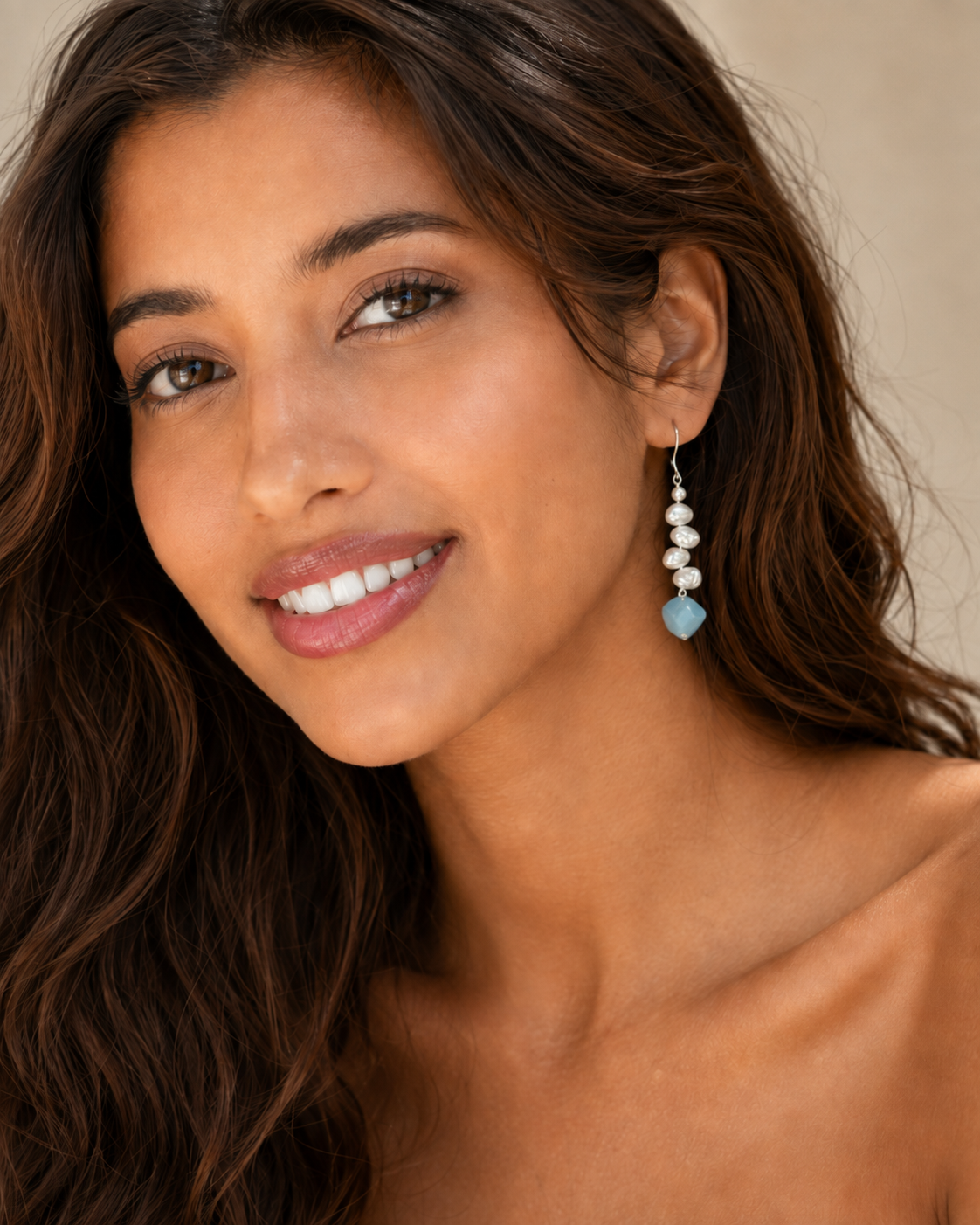 Blue Calcite & Baroque Pearl Drop Earrings, styled view 1