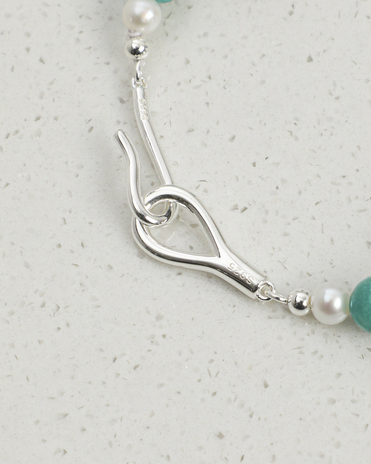 Amazonite, Clear Quartz & Pearl Bracelet, close-up detail 1