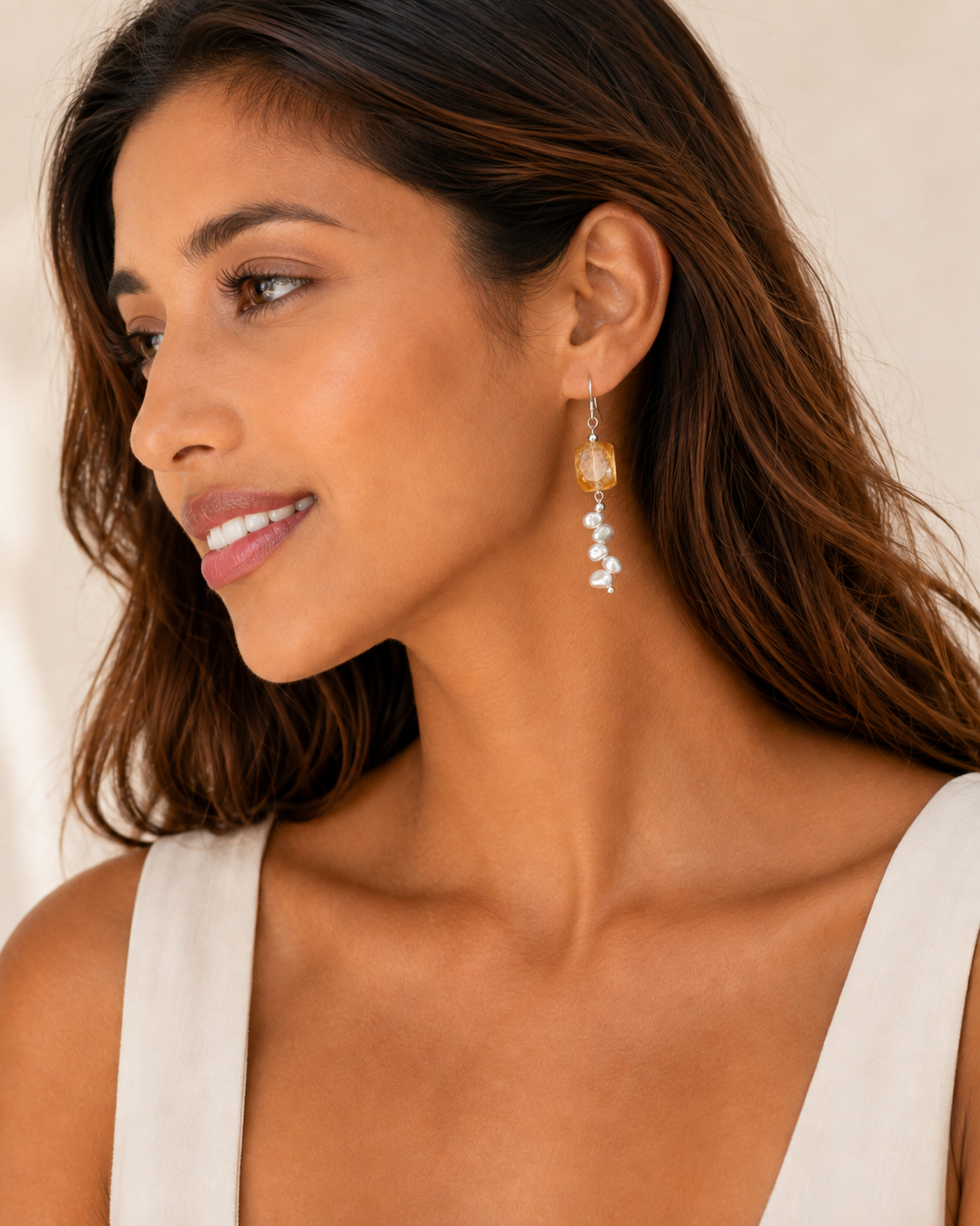 Faceted Citrine & Baroque Pearl Drop Earrings, styled view 2