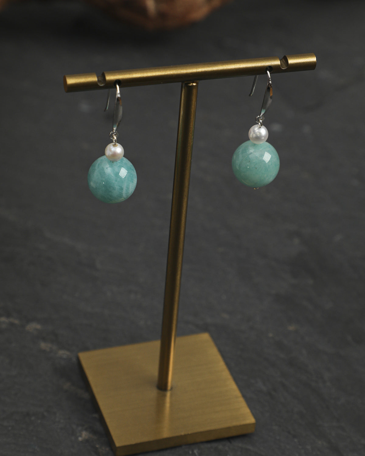 Amazonite & Seed Pearl Drop Earrings, alternate view 2