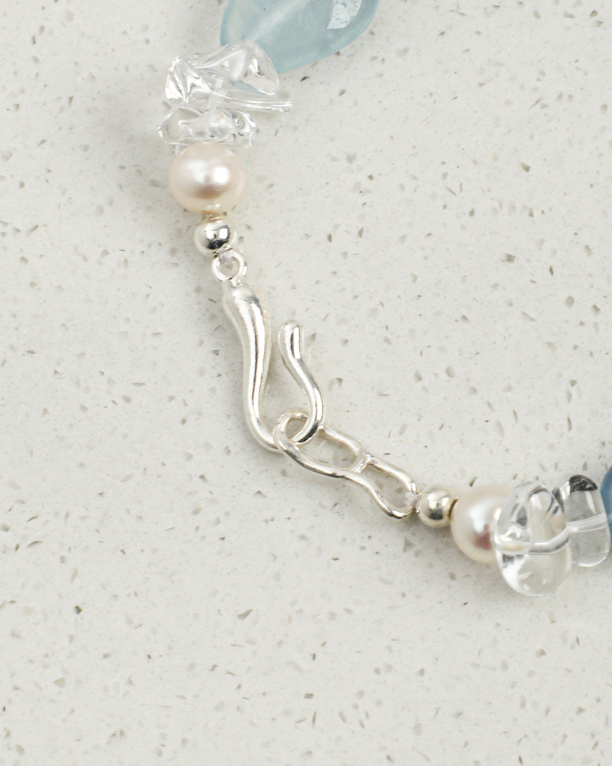 Aquamarine, Clear Quartz & Pearl Bracelet, close-up detail 1