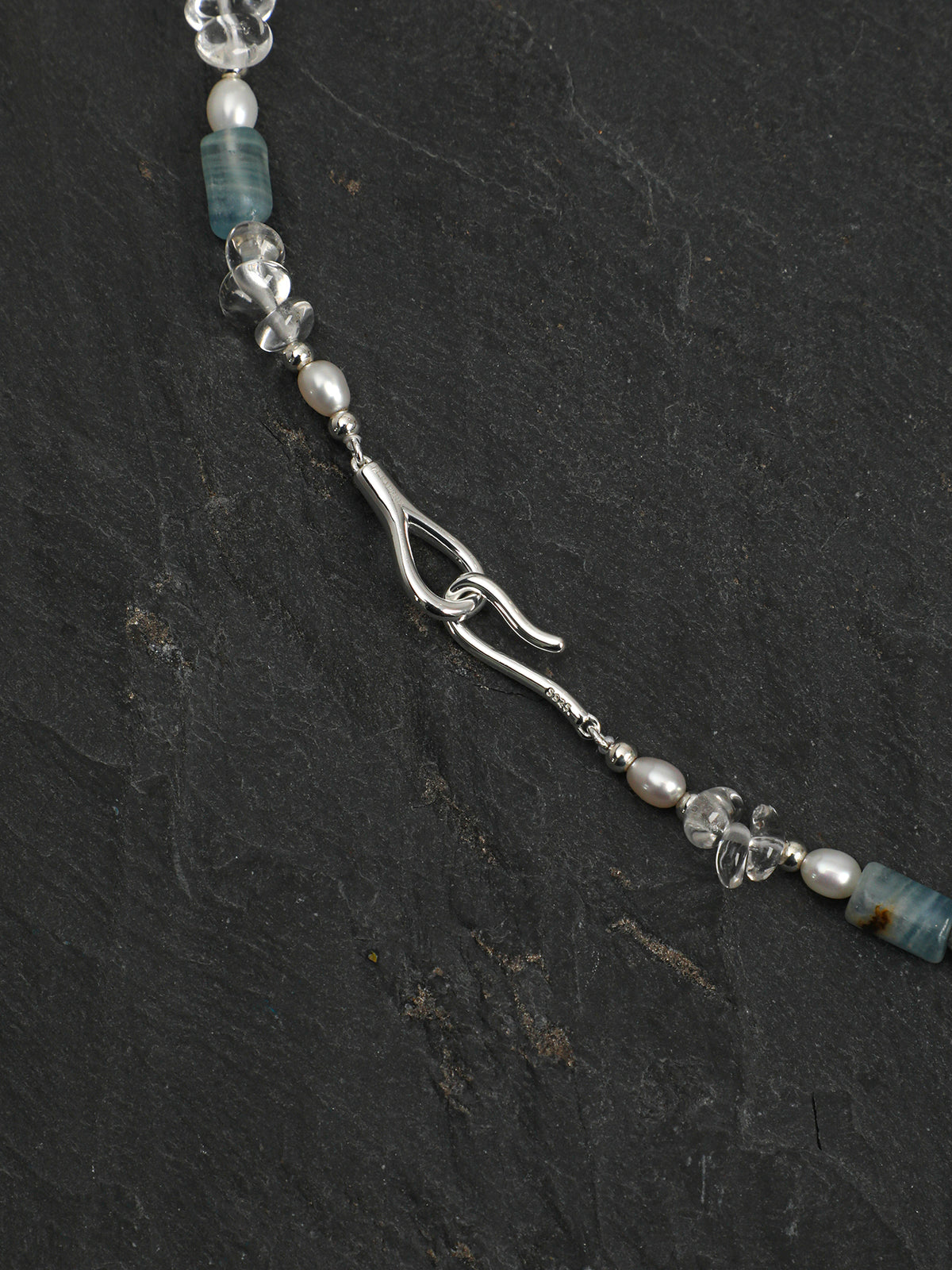 Blue Calcite, Clear Quartz & Pearl Necklace, close-up detail 2