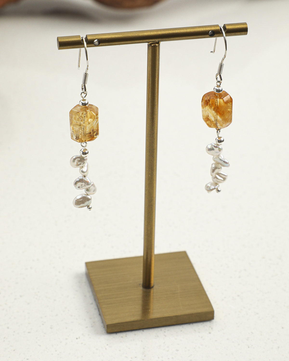 Faceted Citrine & Baroque Pearl Drop Earrings, alternate view 2