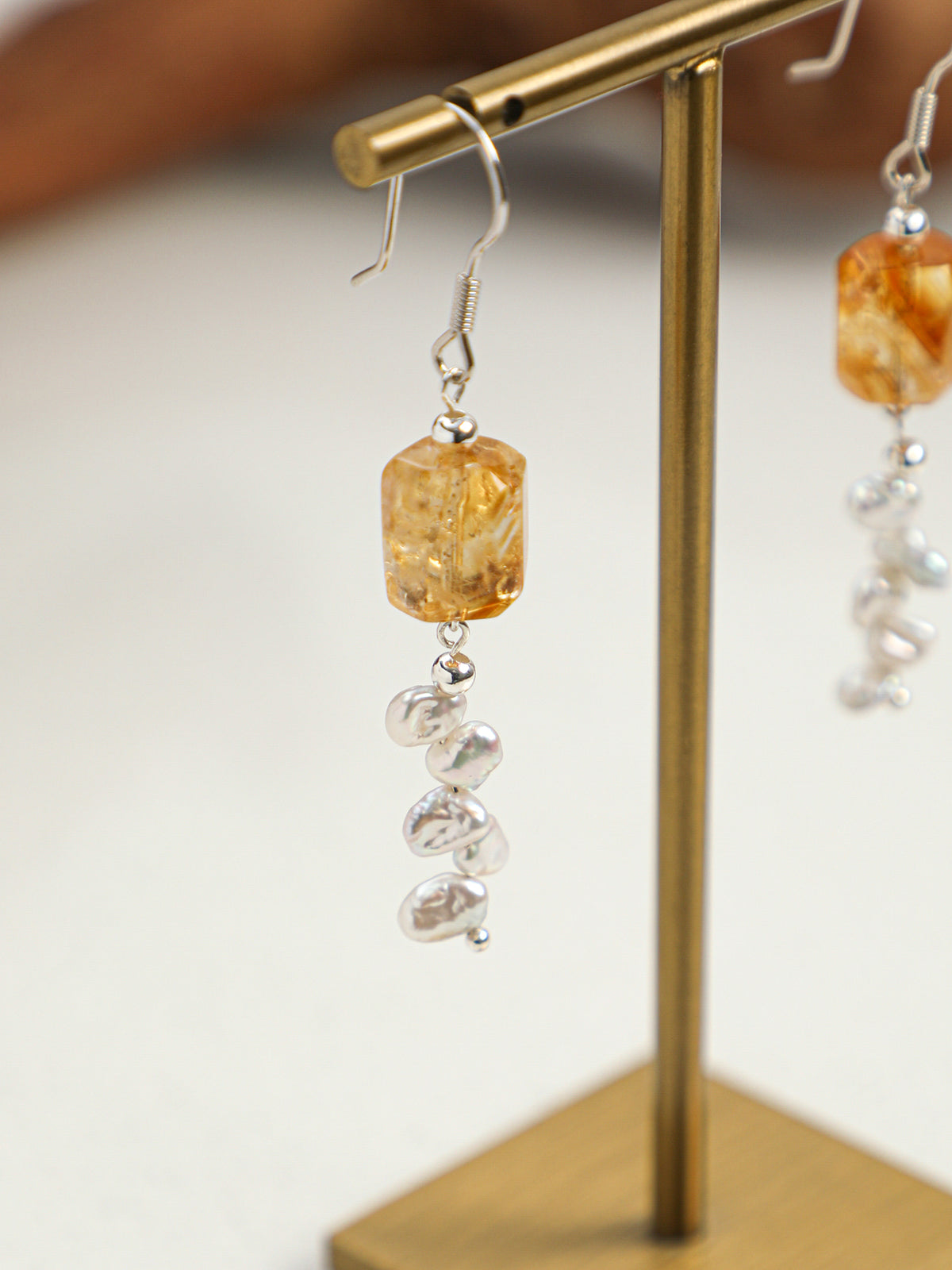 Faceted Citrine & Baroque Pearl Drop Earrings, close-up detail 1