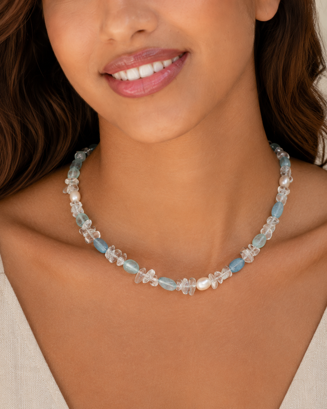 Aquamarine, Clear Quartz & Pearl Necklace, close-up styled view 1
