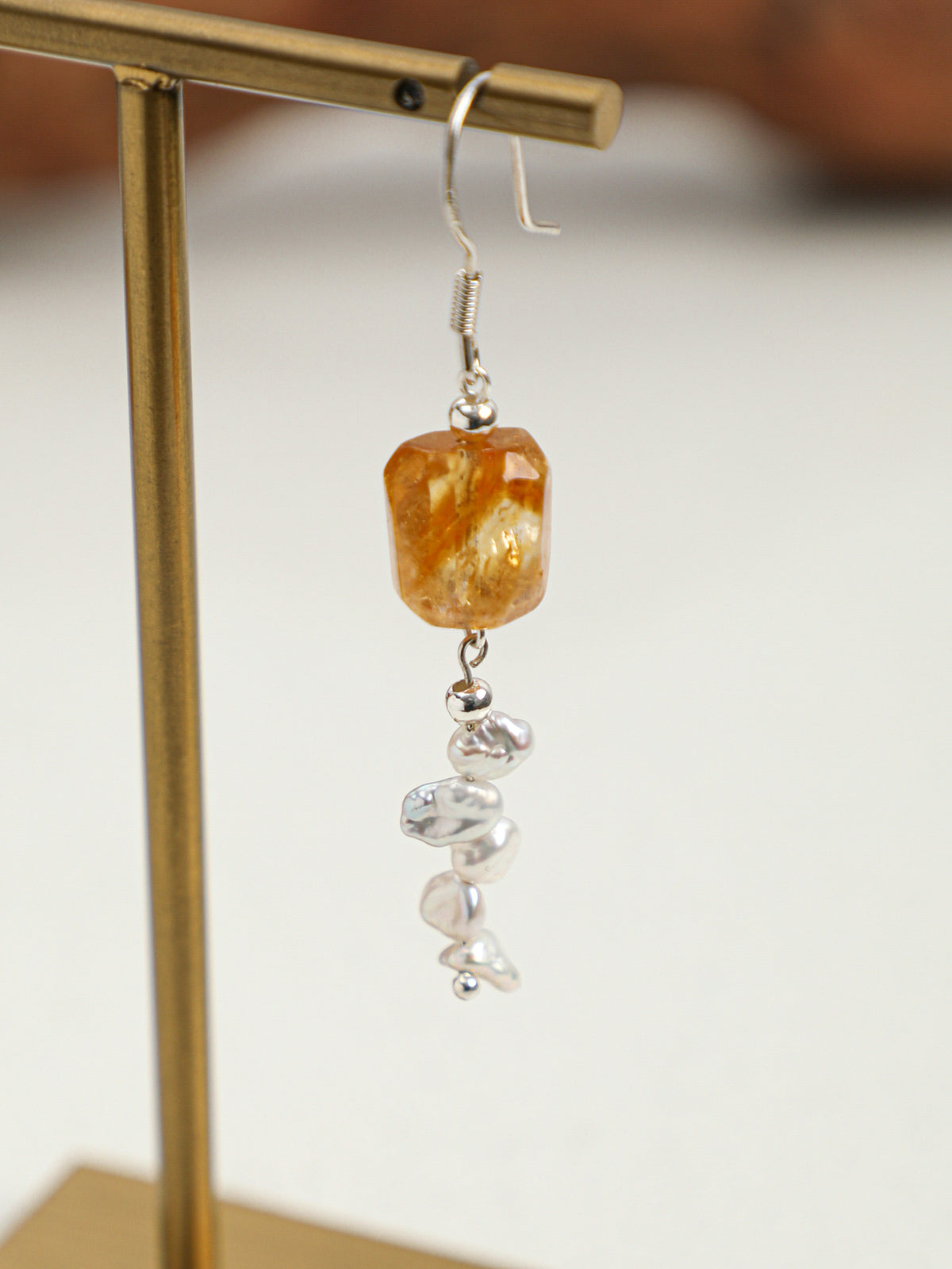 Faceted Citrine & Baroque Pearl Drop Earrings, close-up detail 2