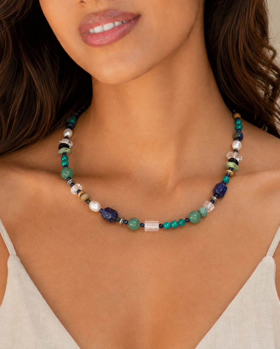 Mixed Gemstone & Pearl Necklace, close-up styled view 1