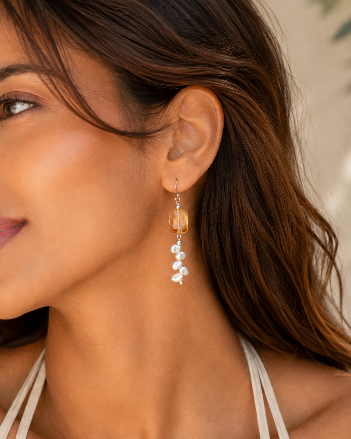 Faceted Citrine & Baroque Pearl Drop Earrings, close-up styled view 1