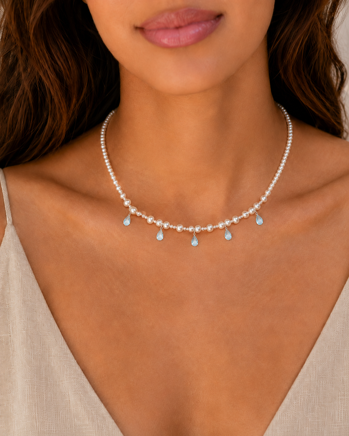 Blue Topaz, Clear Quartz & Pearl Necklace, styled view 1