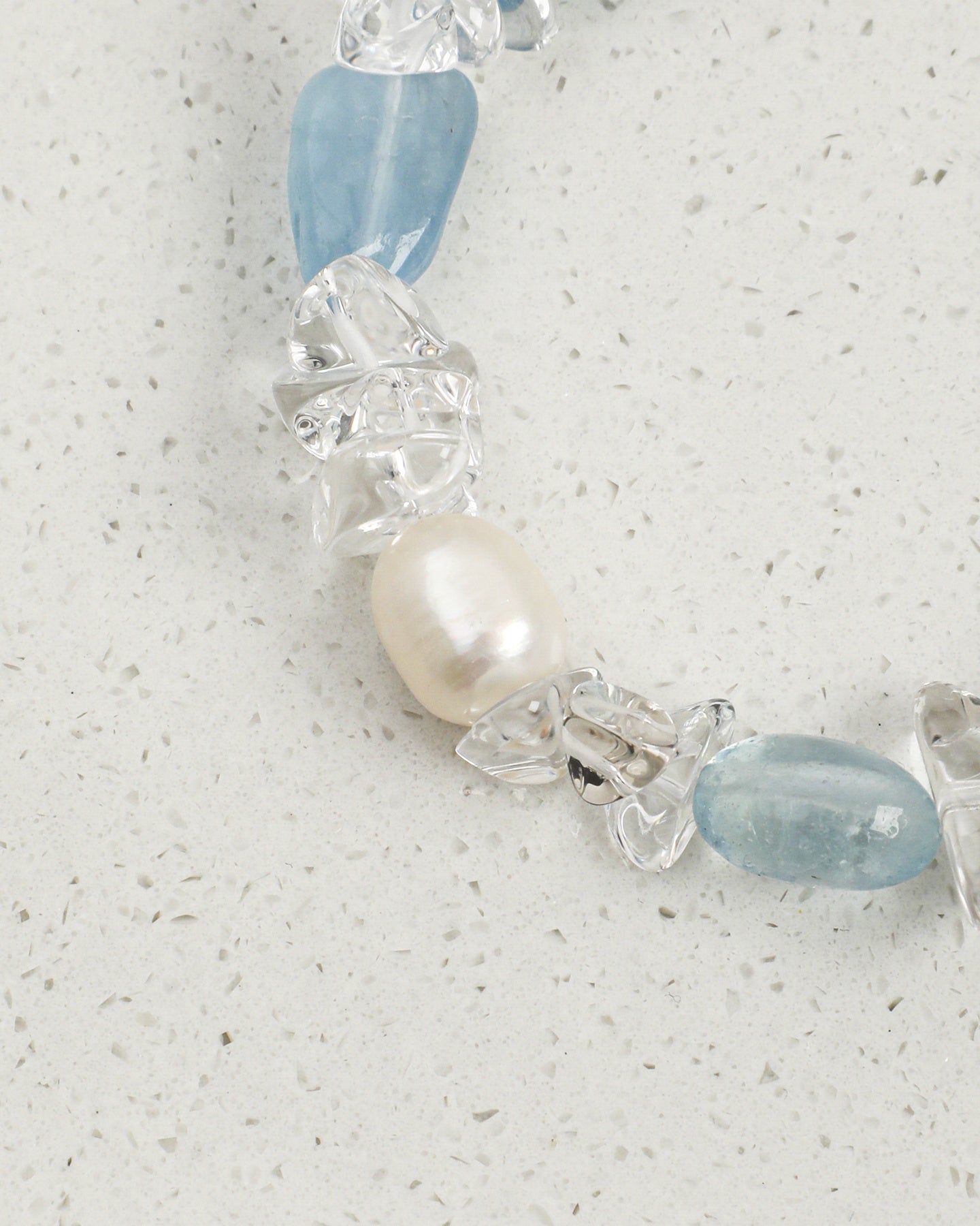 Aquamarine, Clear Quartz & Pearl Bracelet, close-up detail 2