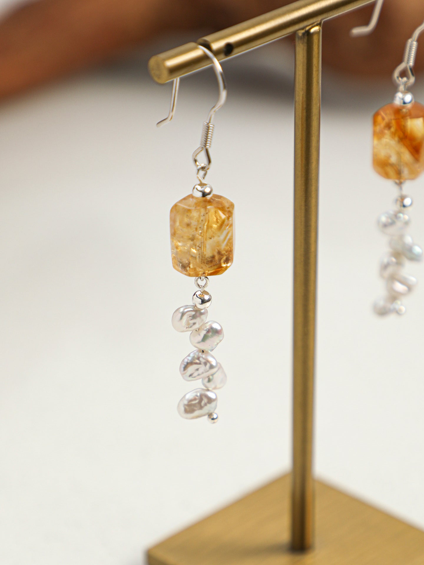 Faceted Citrine & Baroque Pearl Drop Earrings, close-up detail 1