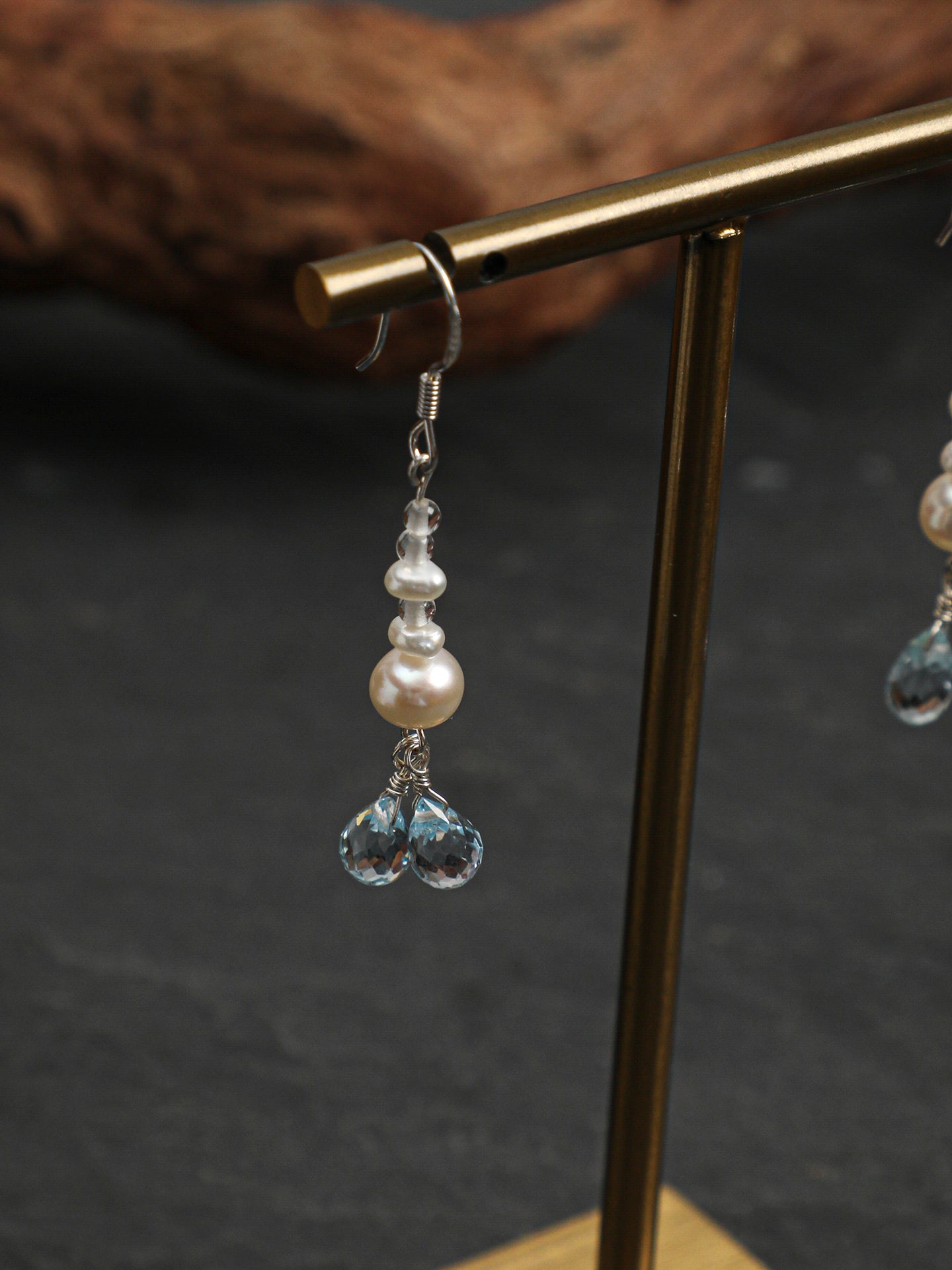 Blue Topaz, Clear Quartz & Pearl Drop Earrings, close-up detail 1