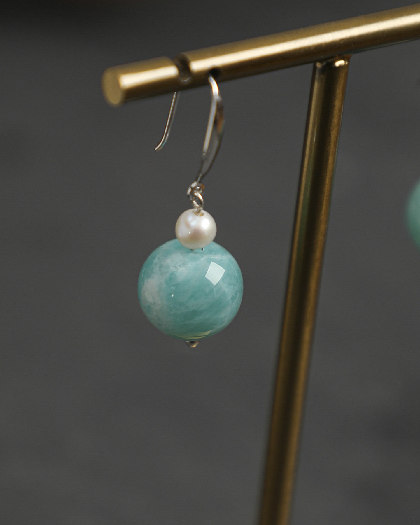 Amazonite & Seed Pearl Drop Earrings, close-up detail 1
