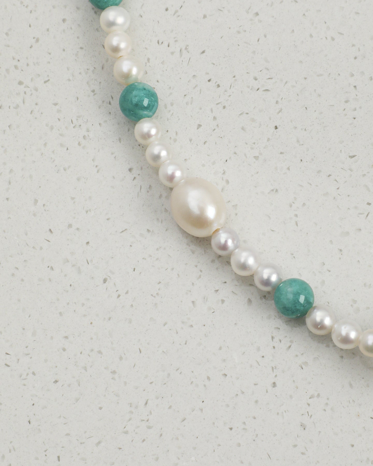 Amazonite, Clear Quartz & Pearl Necklace, close-up detail 2