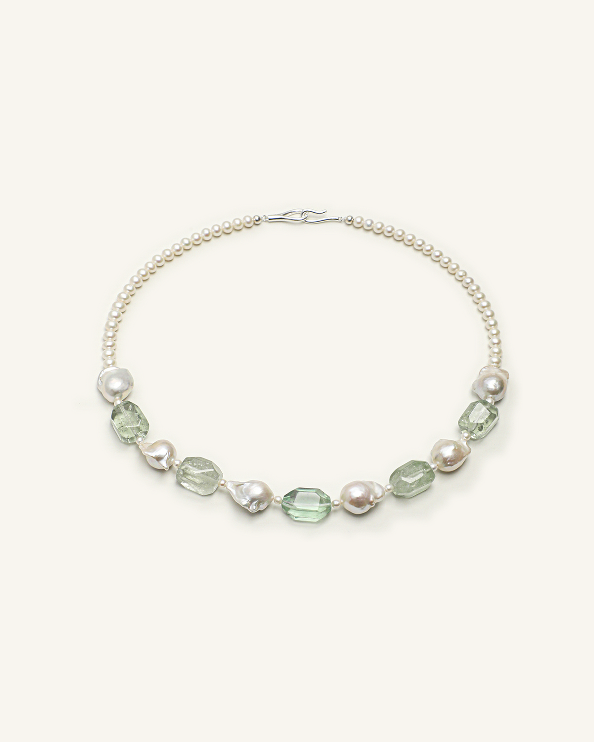 Prehnite, Green Quartz & Baroque Pearl Necklace, product view