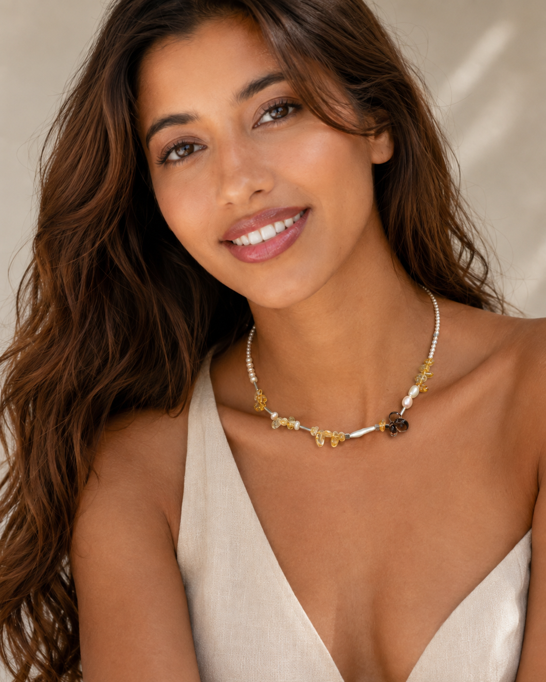 Citrine, Smoky Quartz & Pearl Necklace, styled view 1