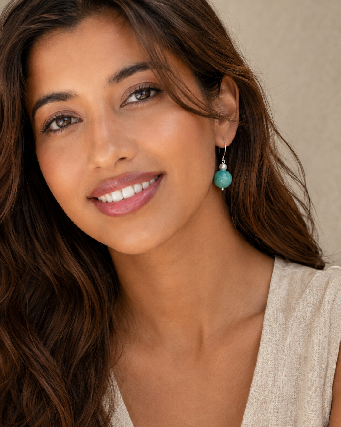 Amazonite & Seed Pearl Drop Earrings, styled view 1