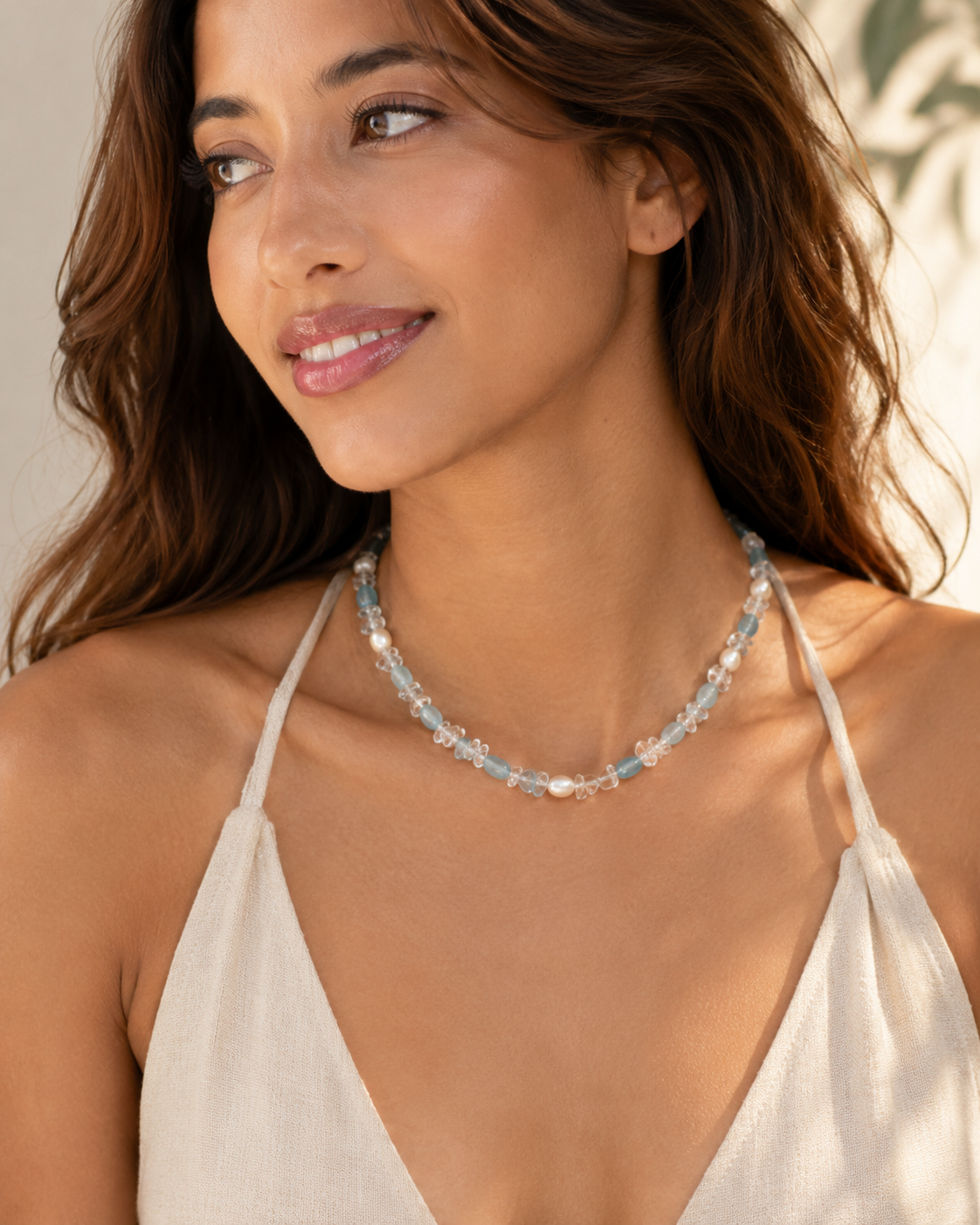 Aquamarine, Clear Quartz & Pearl Necklace, styled view 1