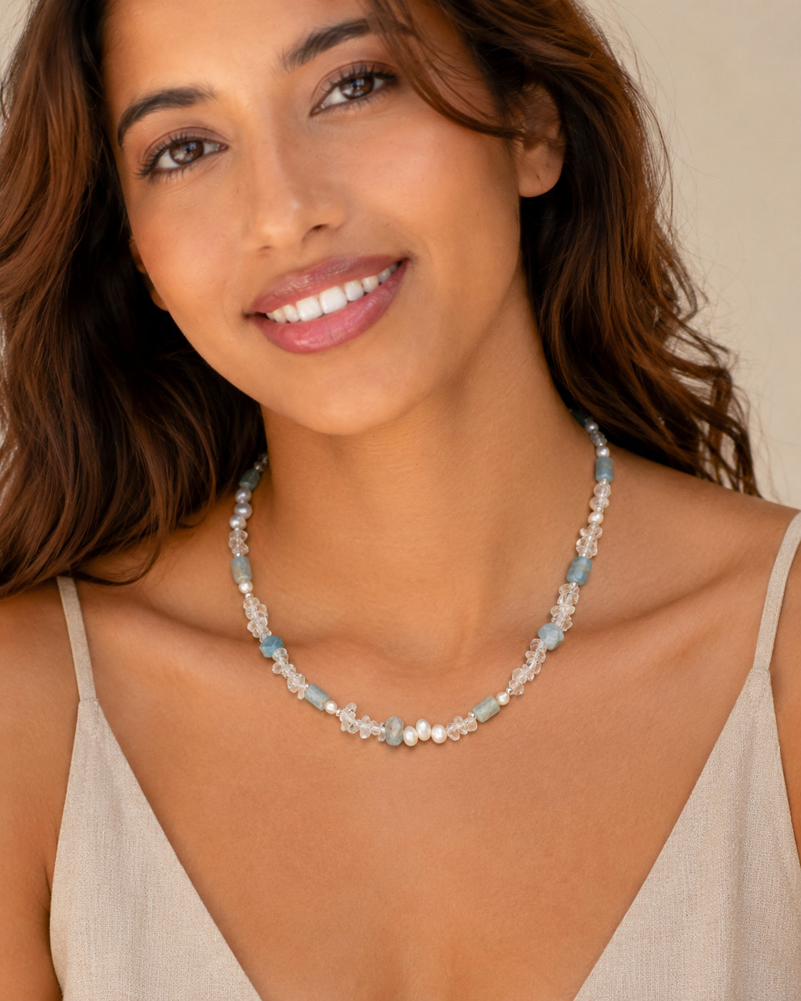 Blue Calcite, Clear Quartz & Pearl Necklace, styled view 1