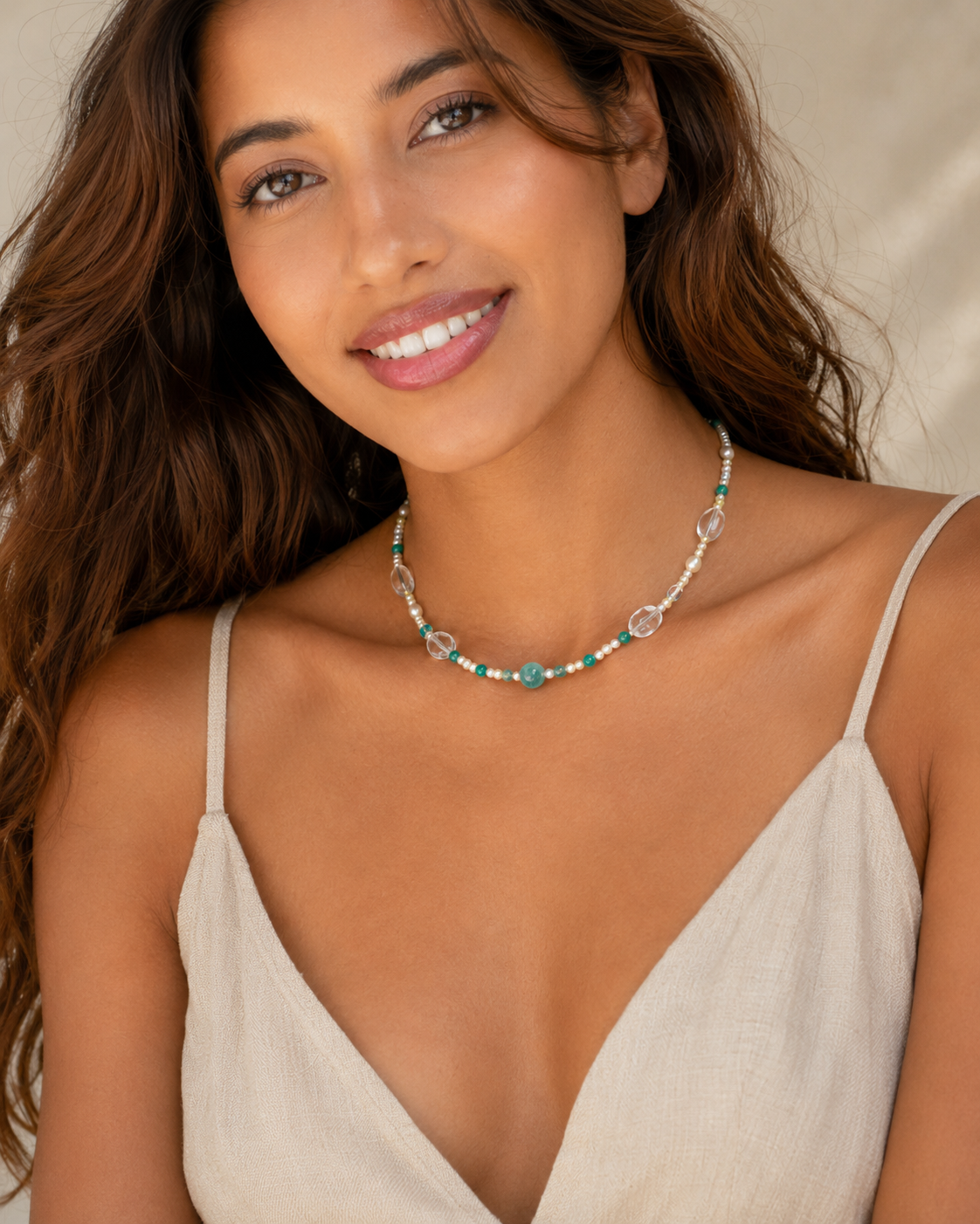 Amazonite, Clear Quartz & Pearl Necklace, styled view 1