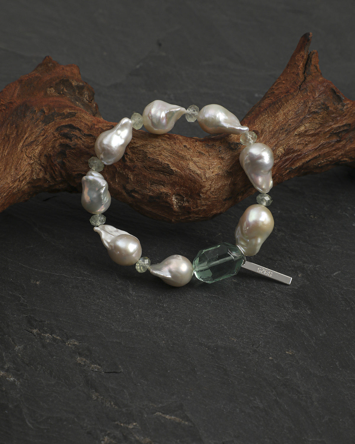 Prehnite, Green Quartz & Baroque Pearl Bracelet, alternate view 1