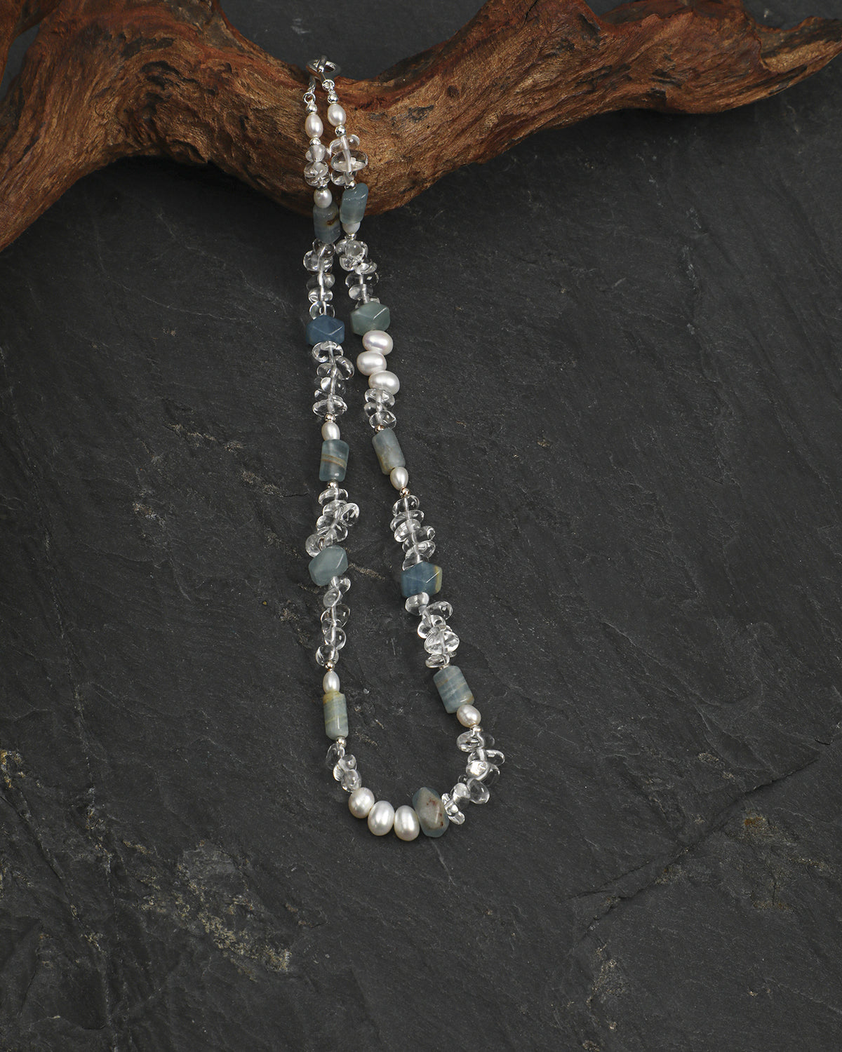 Blue Calcite, Clear Quartz & Pearl Necklace, alternate view 1