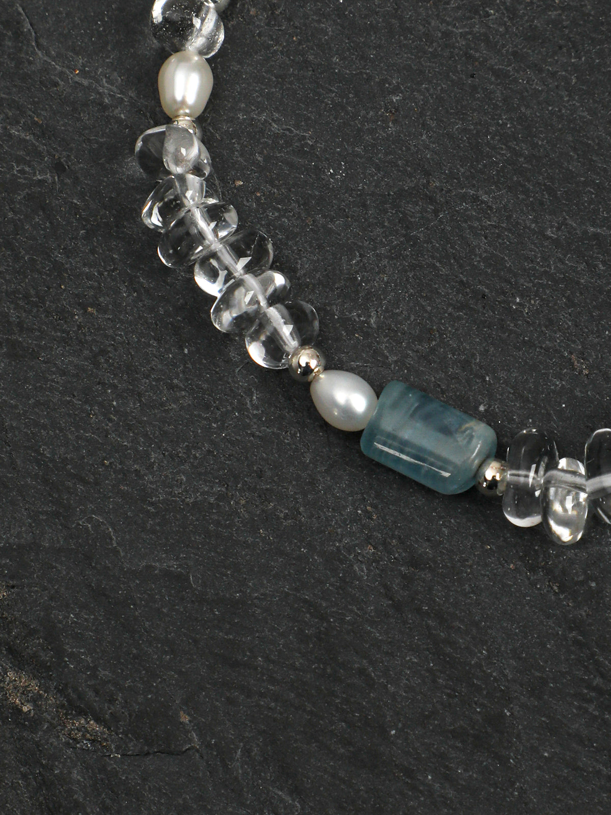 Blue Calcite, Clear Quartz & Pearl Bracelet, close-up detail 1