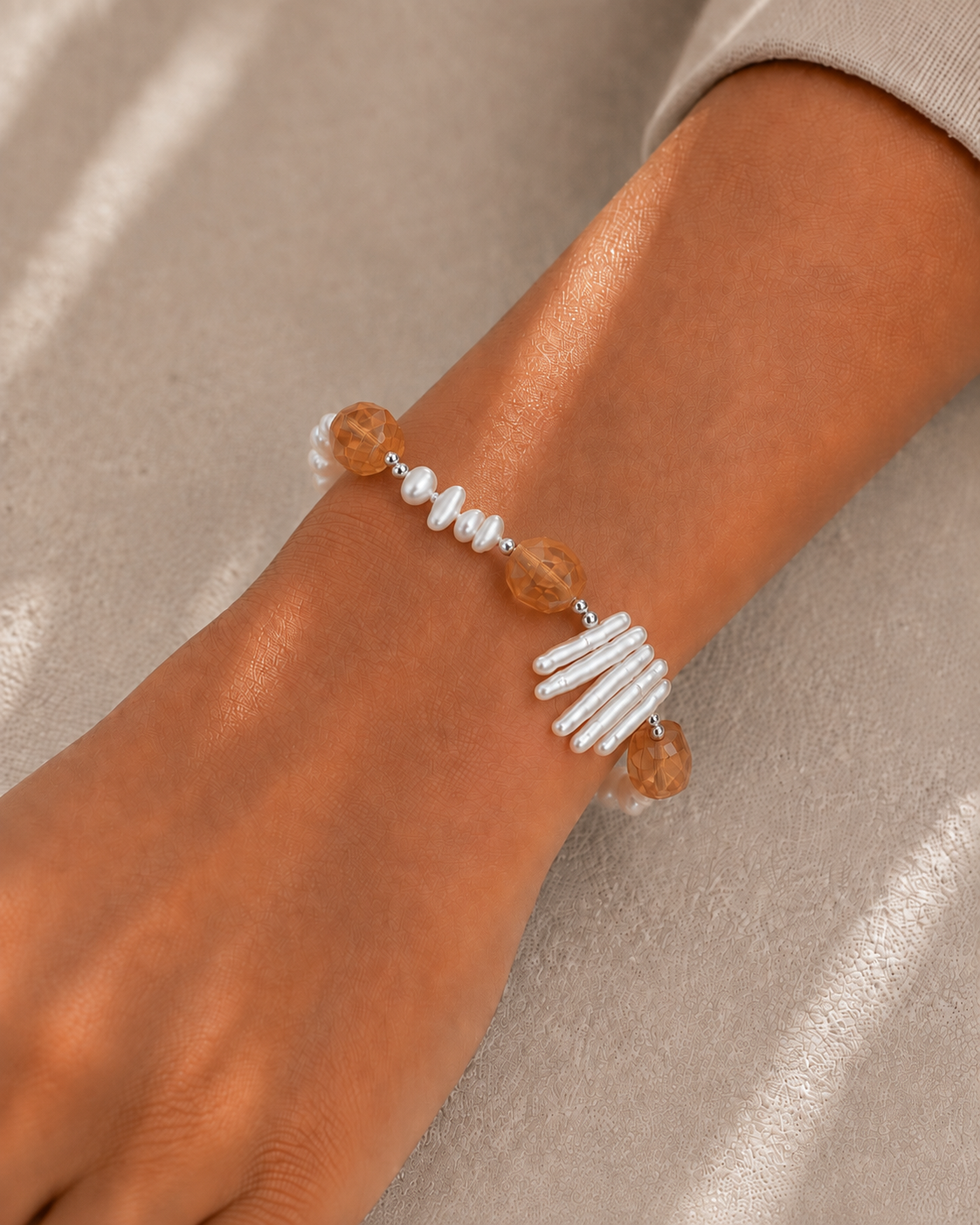 Citrine & Baroque Pearl Bracelet, close-up styled view 1