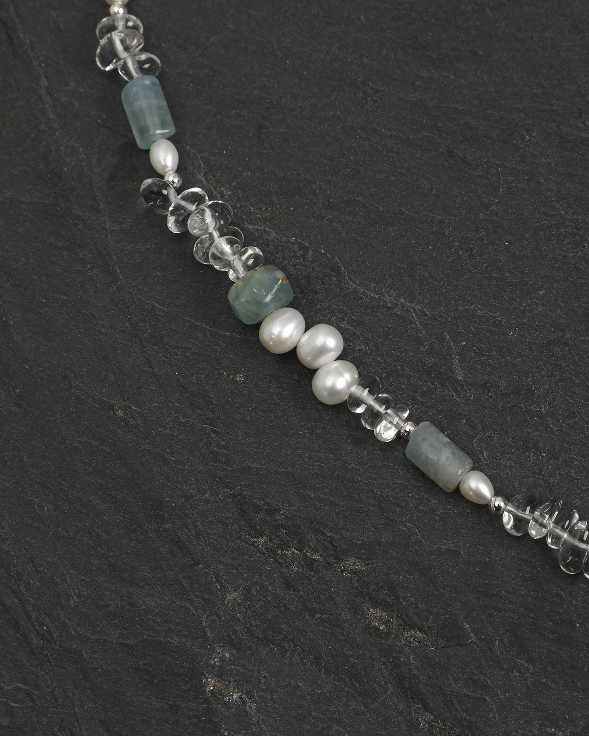 Blue Calcite, Clear Quartz & Pearl Necklace, close-up detail 1