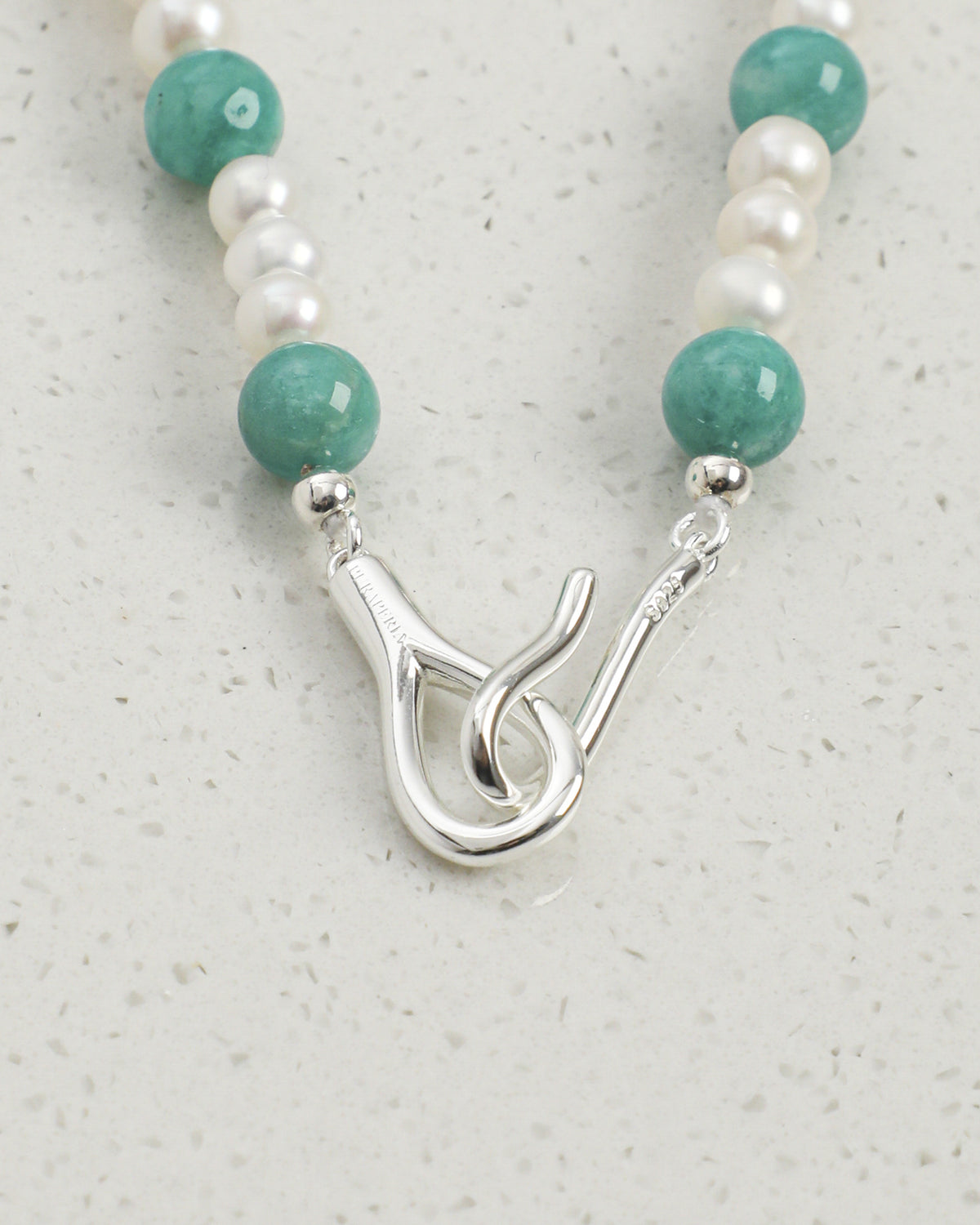 Amazonite, Clear Quartz & Pearl Necklace, close-up detail 1