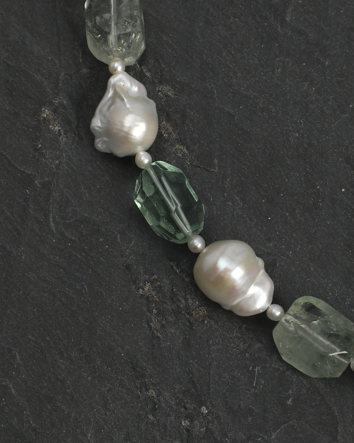 Prehnite, Green Quartz & Baroque Pearl Necklace, close-up detail 2