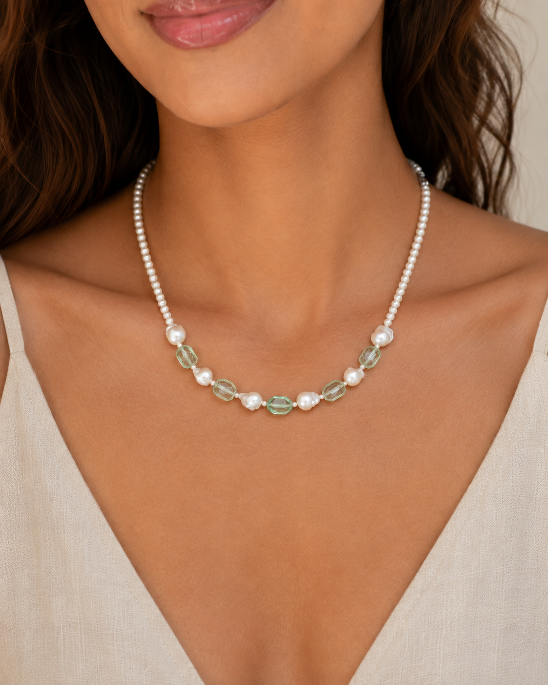 Prehnite, Green Quartz & Baroque Pearl Necklace, close-up styled view 1