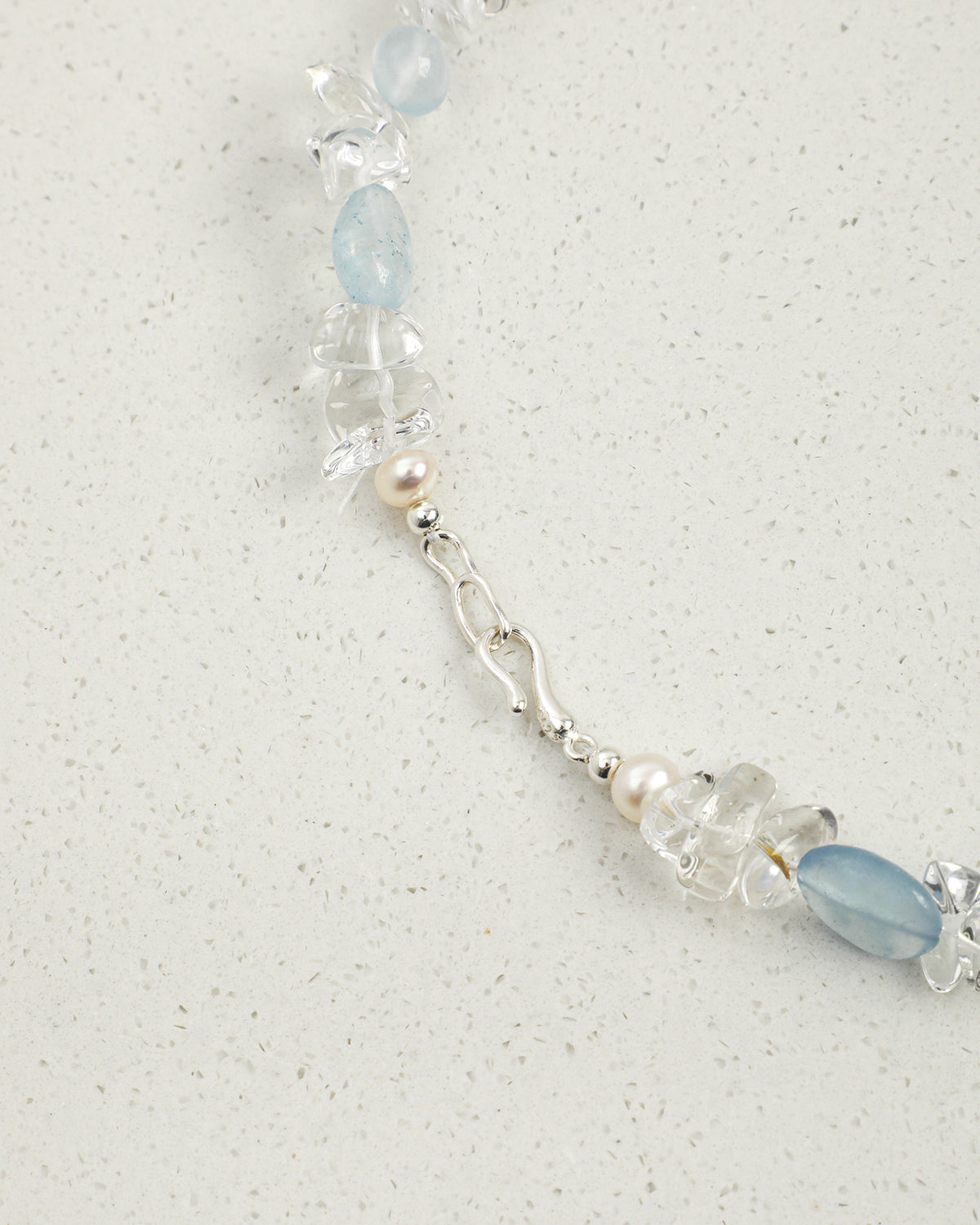 Aquamarine, Clear Quartz & Pearl Necklace, close-up detail 1
