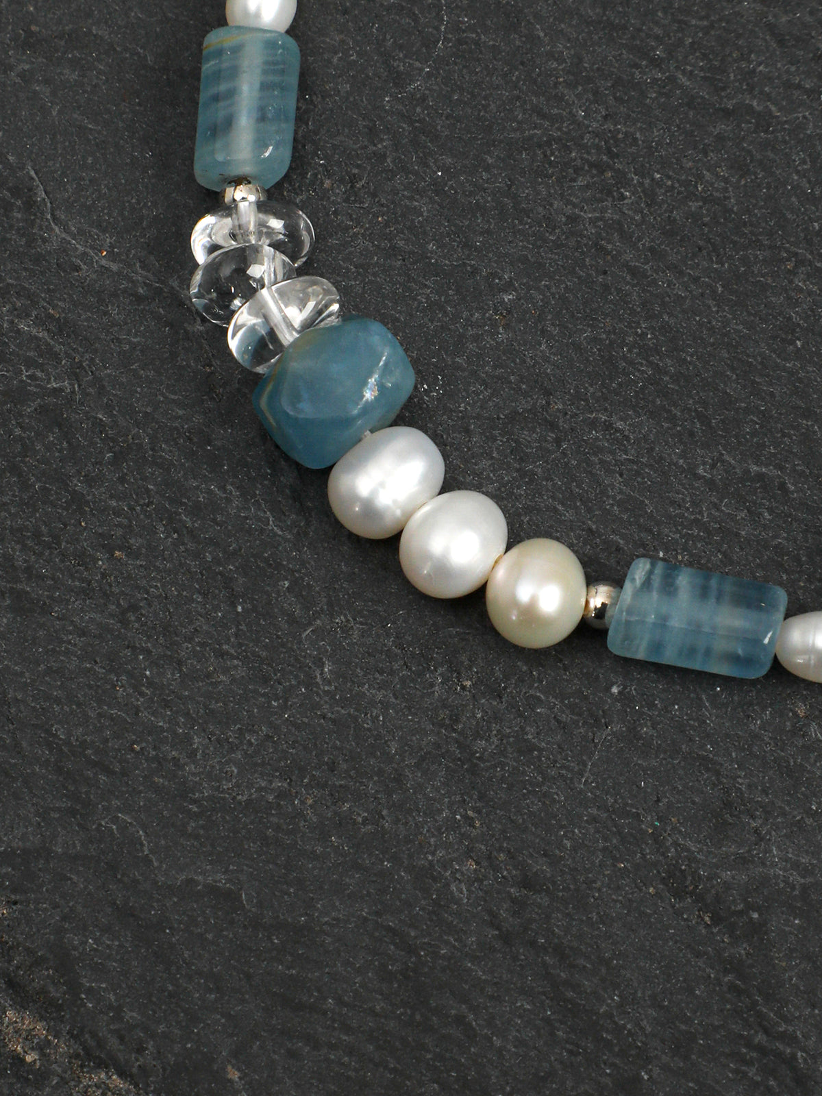 Blue Calcite, Clear Quartz & Pearl Bracelet, close-up detail 2