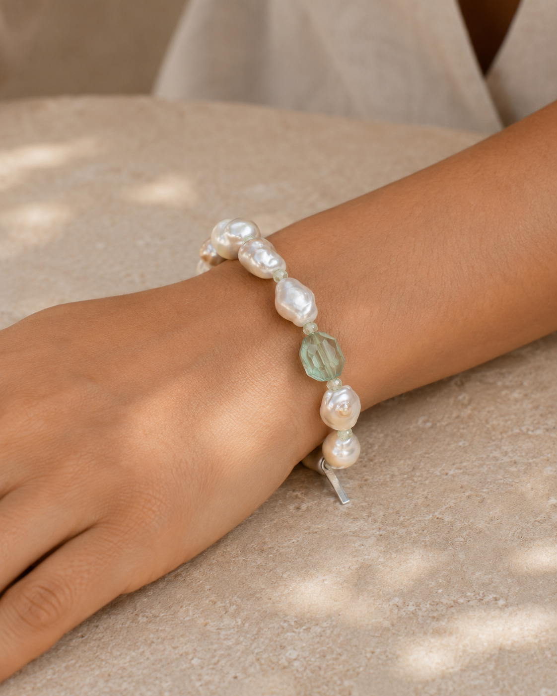 Prehnite, Green Quartz & Baroque Pearl Bracelet, close-up styled view 1