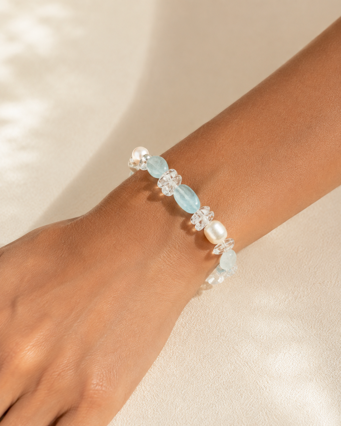Aquamarine, Clear Quartz & Pearl Bracelet, close-up styled view 1