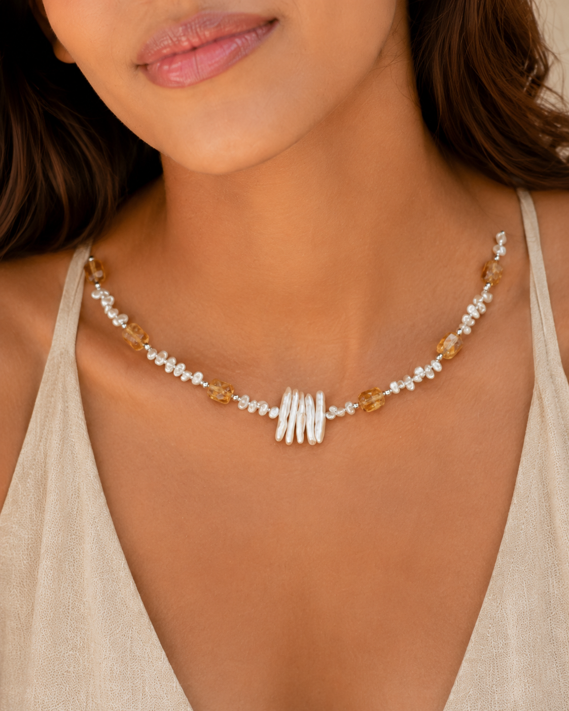 Citrine & Baroque Pearl Necklace, close-up styled view 1