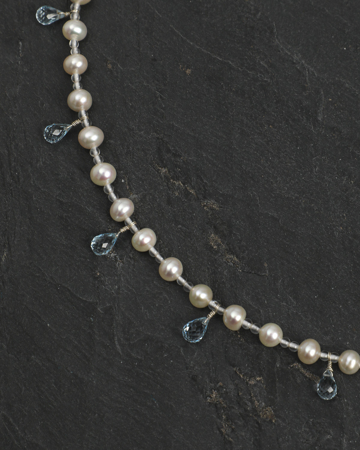 Blue Topaz, Clear Quartz & Pearl Necklace, close-up detail 2