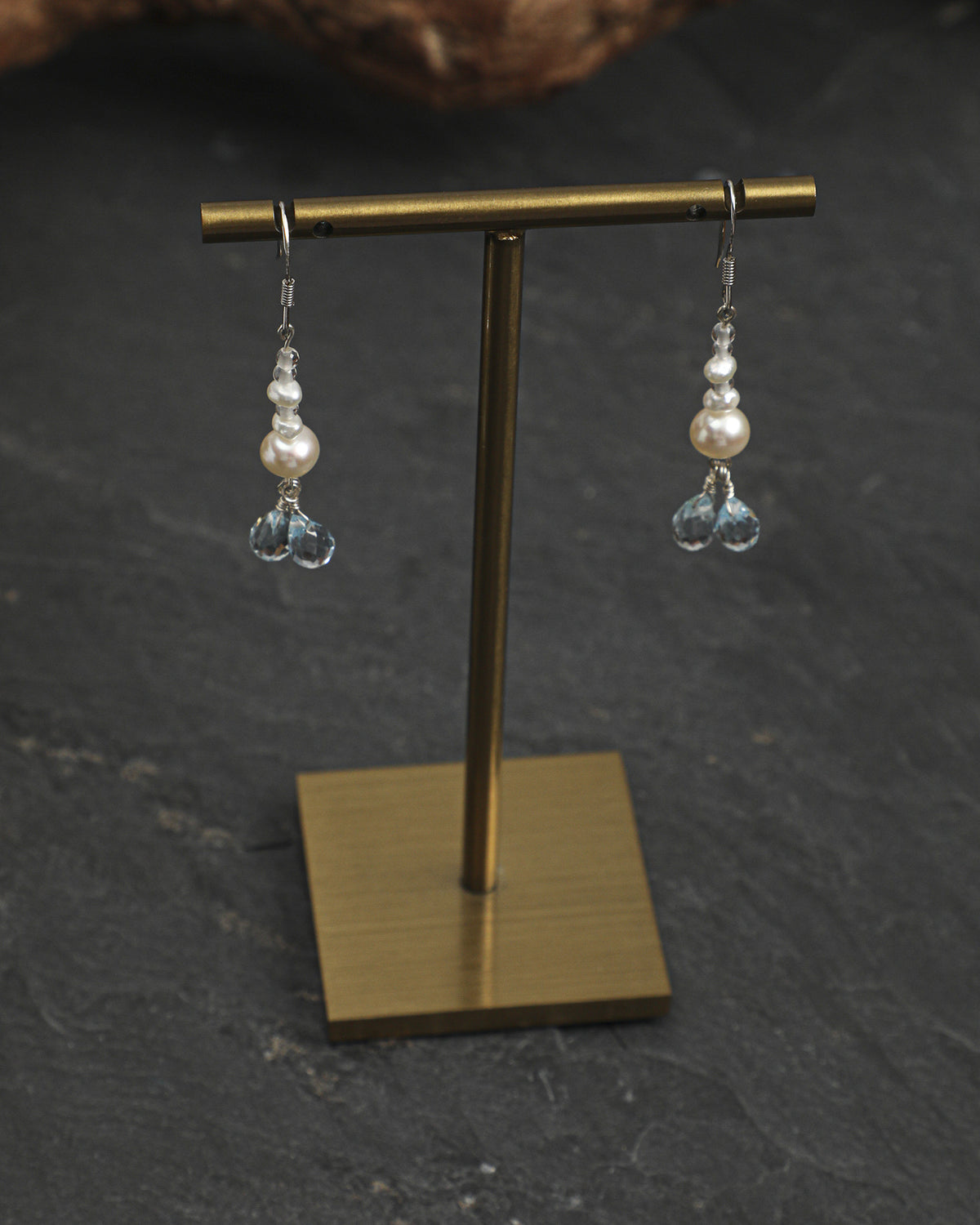 Blue Topaz, Clear Quartz & Pearl Drop Earrings, alternate view 1