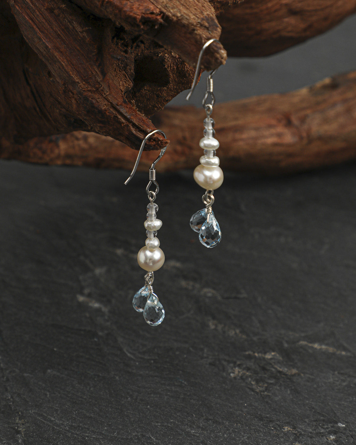 Blue Topaz, Clear Quartz & Pearl Drop Earrings, alternate view 2