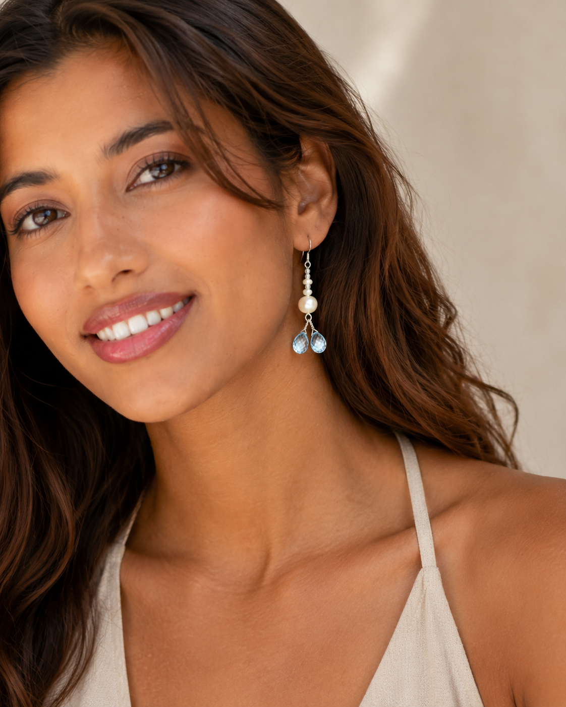 Blue Topaz, Clear Quartz & Pearl Drop Earrings, styled view 1