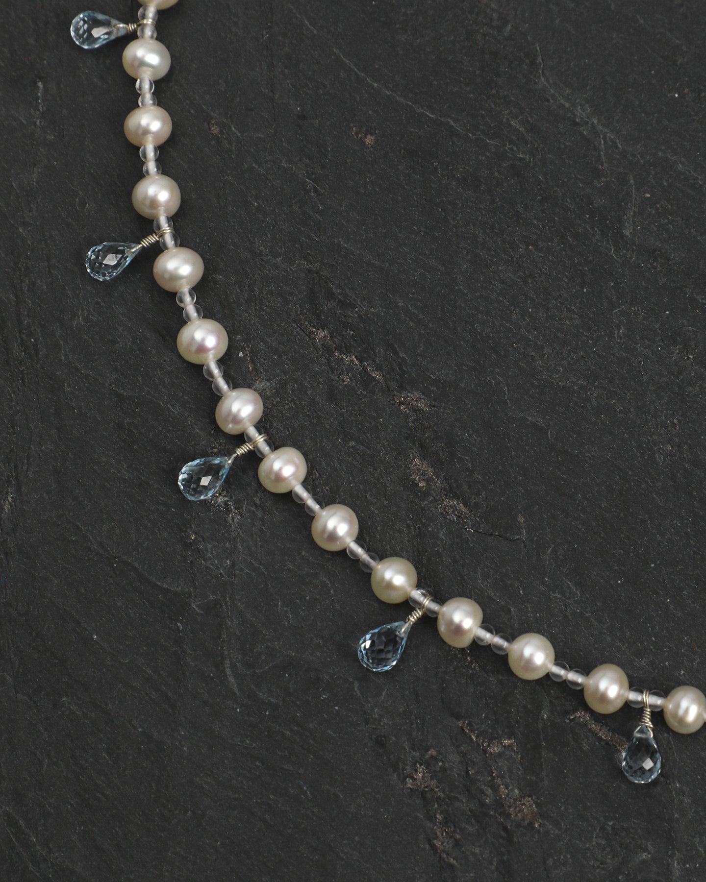 Blue Topaz, Clear Quartz & Pearl Necklace, close-up detail 2