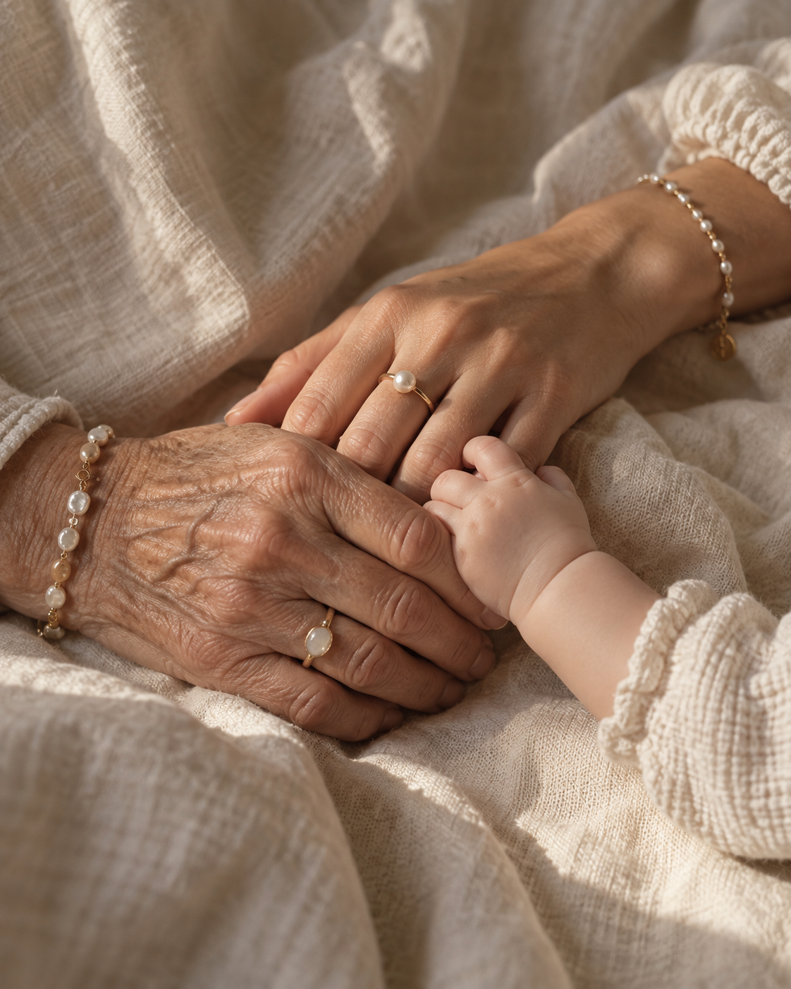An older hand, an adult hand, and a baby’s hand gently meeting.