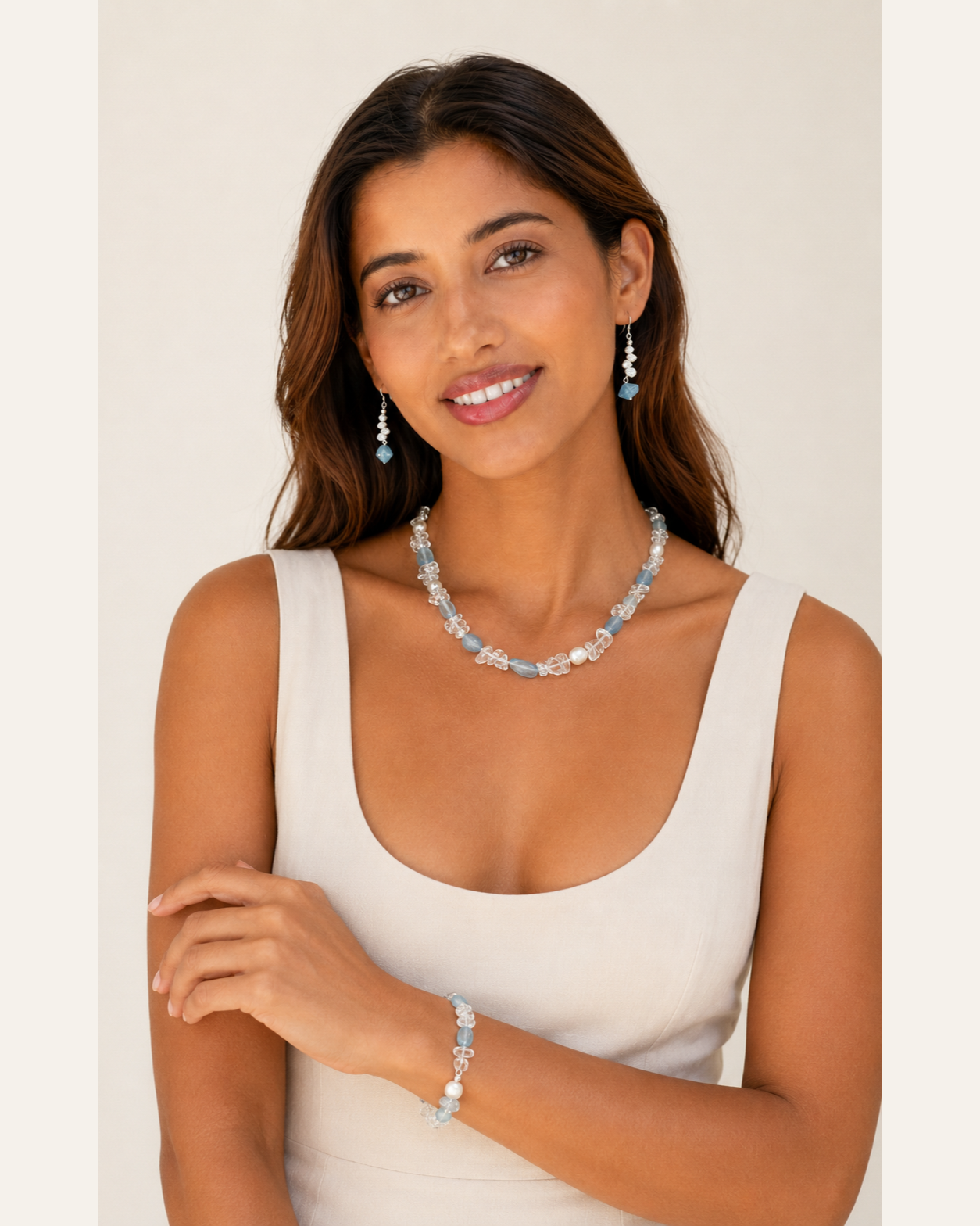 Aquamarine, Clear Quartz & Pearl: complete styling, including necklace, bracelet, earrings