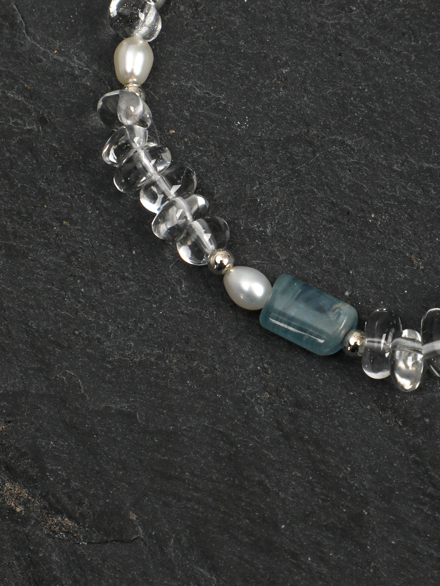 Blue Calcite, Clear Quartz & Pearl Bracelet, close-up detail 1