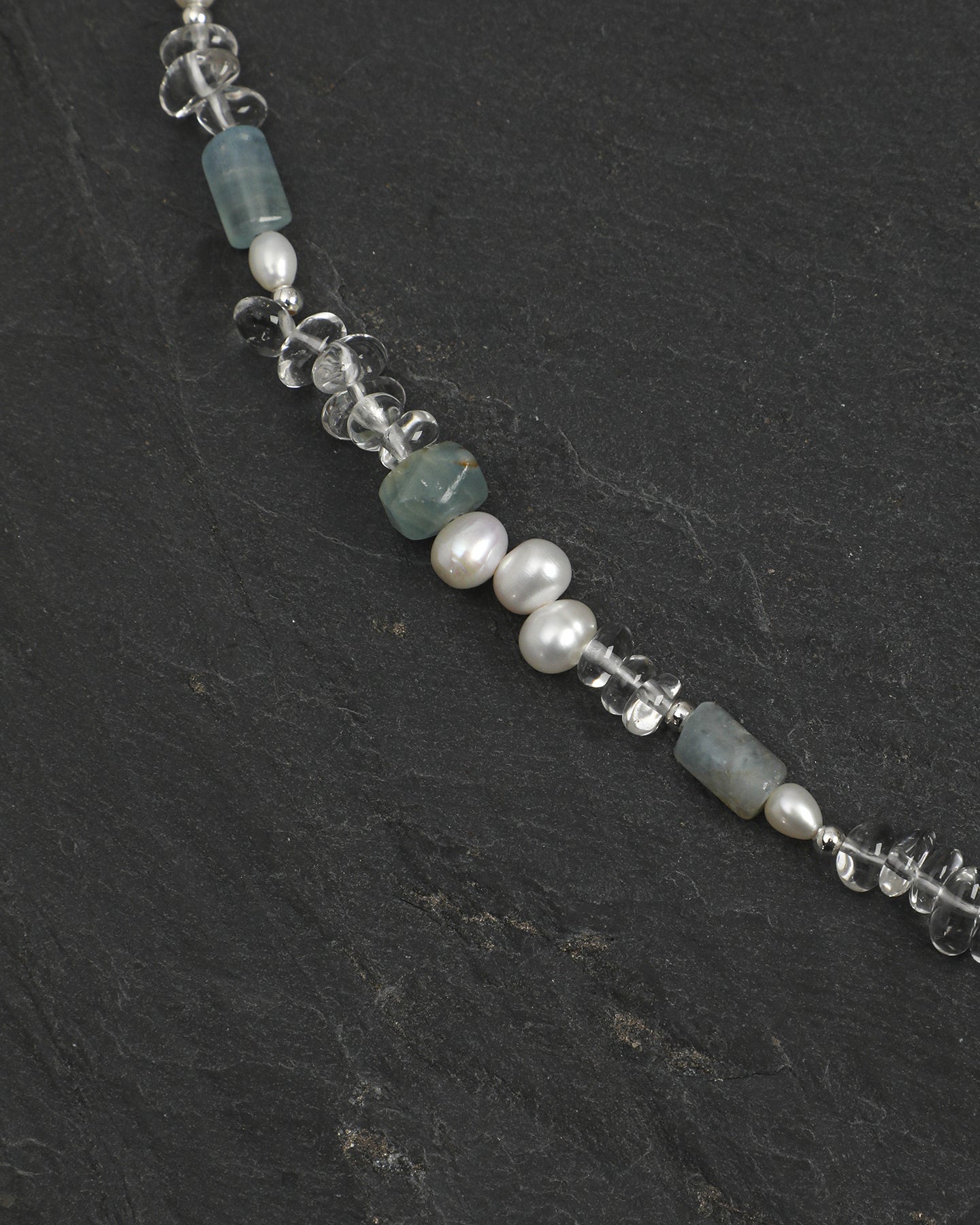 Blue Calcite, Clear Quartz & Pearl Necklace, close-up detail 1