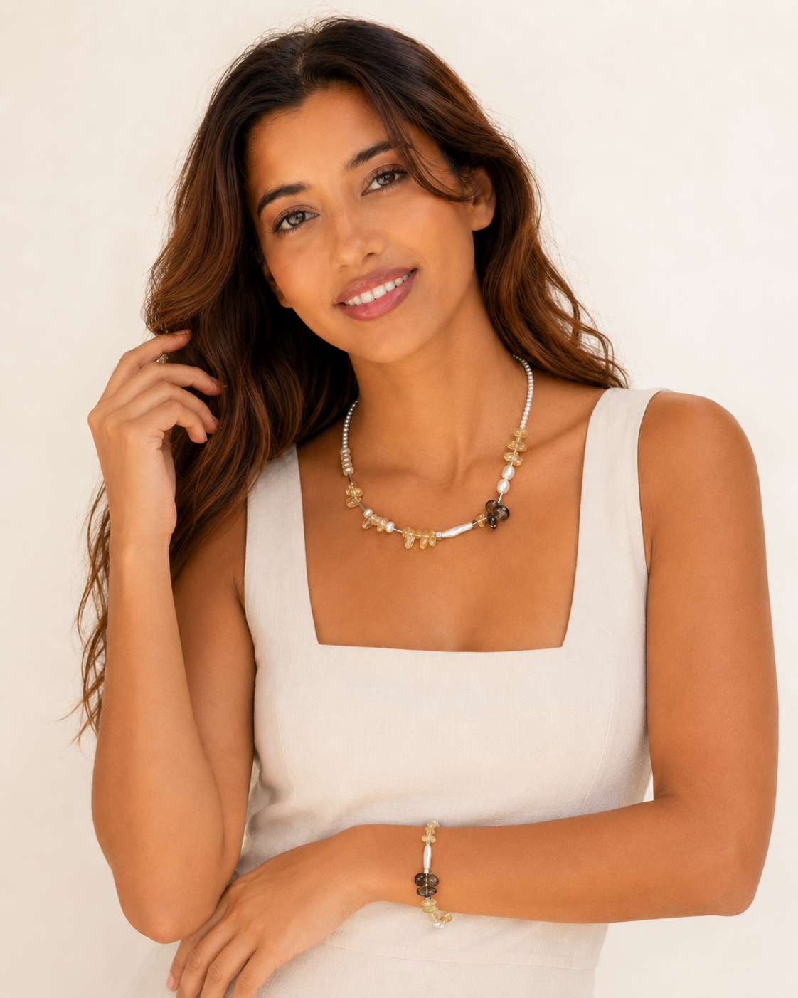 Citrine, Smoky Quartz & Pearl: complete styling, including necklace, bracelet